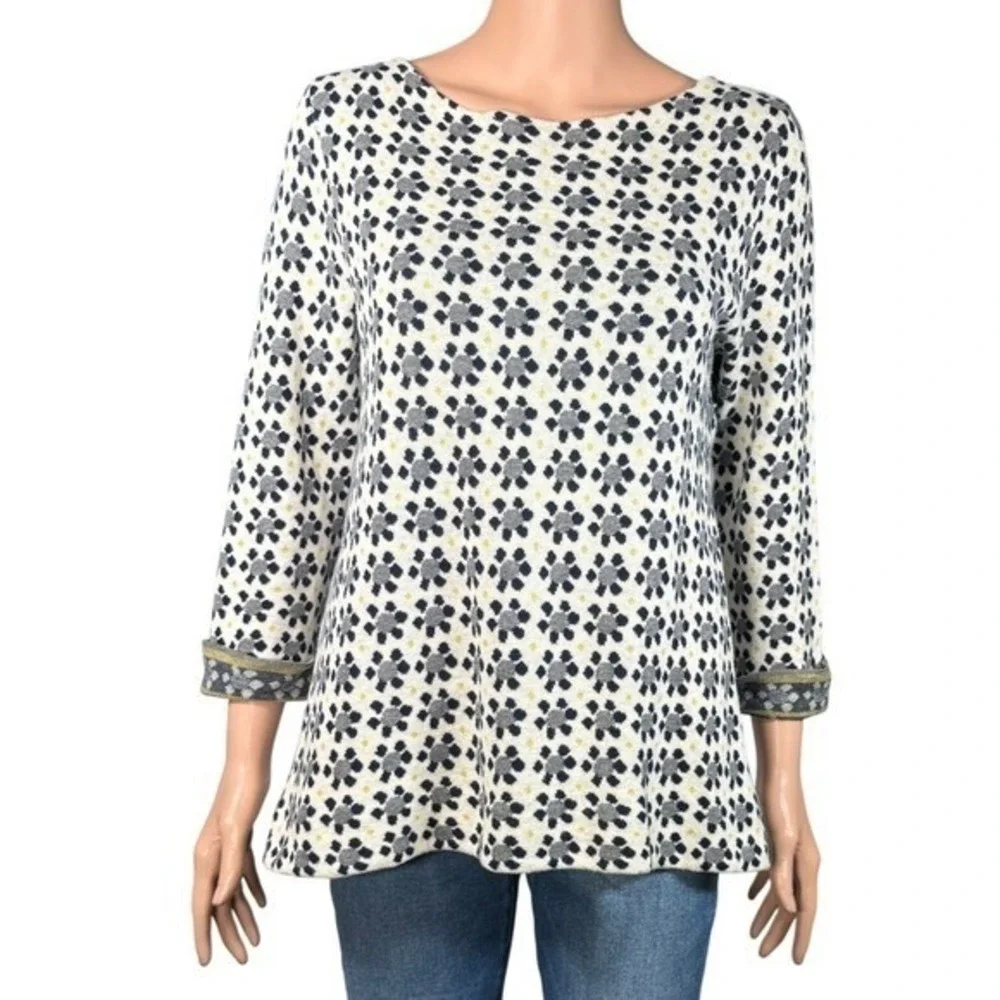 Field Flower by Anthropologie Cotton Floral Knit Top Navy‎ Cream Yellow Large